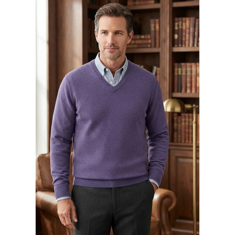 LL Bean Cashmere V-Neck Sweater Men's XL Purple Pullover Travel Casual Preppy